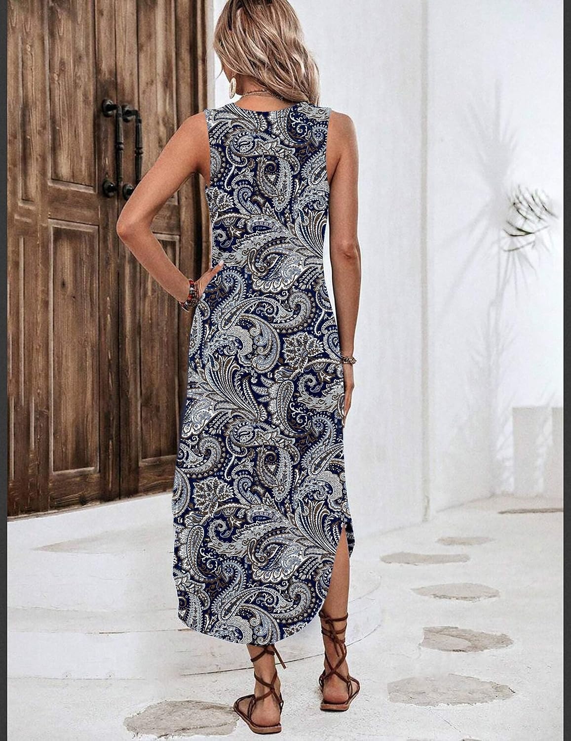 image:imageZeagoo Women Floral Summer Casual Beach Printed Tank Dress with Pockets Pleated Front Long Dress2603 Boho Print