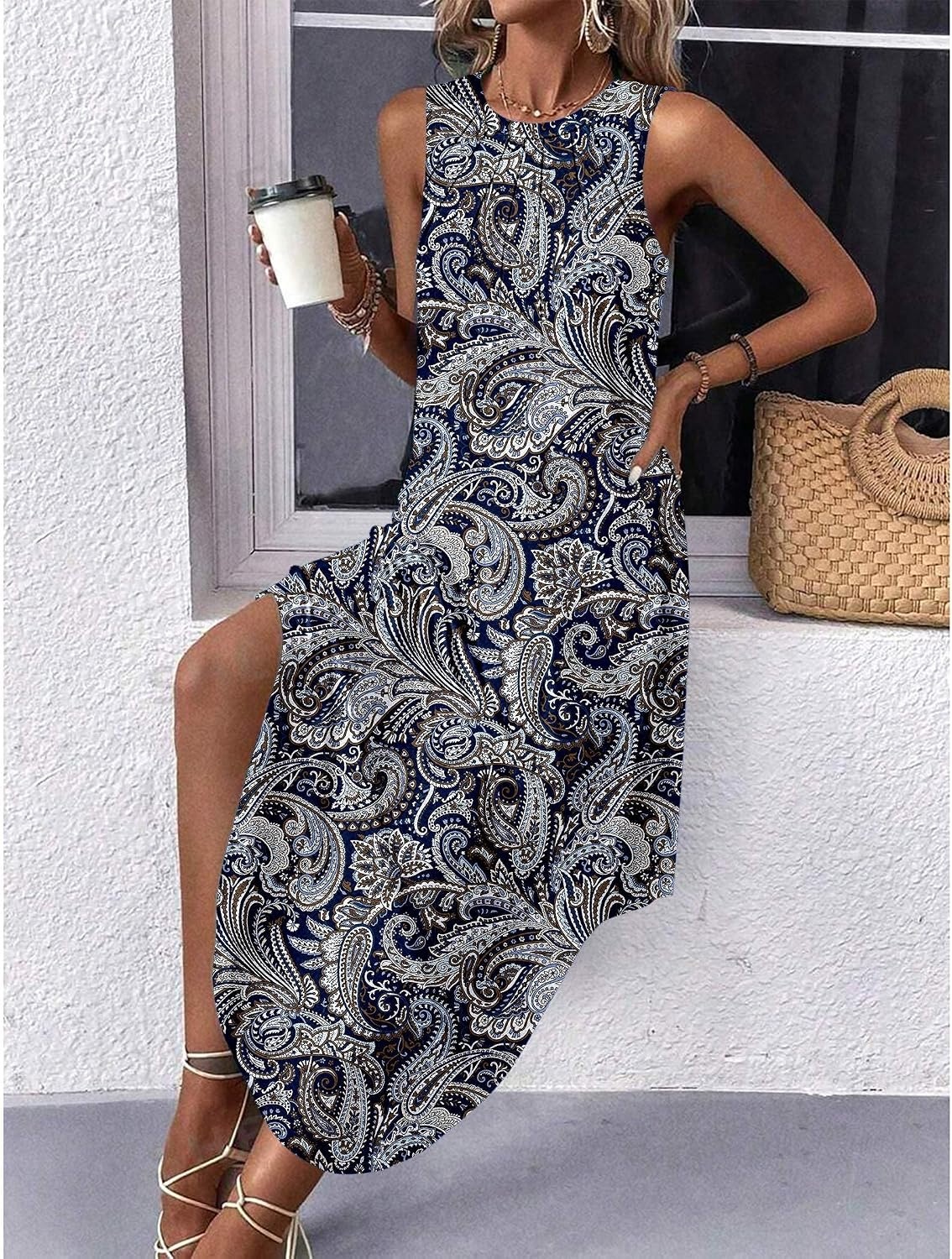 image:imageZeagoo Women Floral Summer Casual Beach Printed Tank Dress with Pockets Pleated Front Long Dress2603 Boho Print