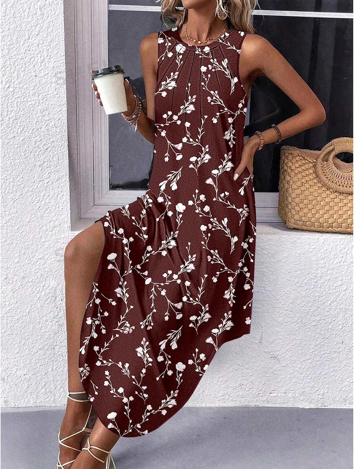 image:imageZeagoo Women Floral Summer Casual Beach Printed Tank Dress with Pockets Pleated Front Long Dress2603 Brown Floral