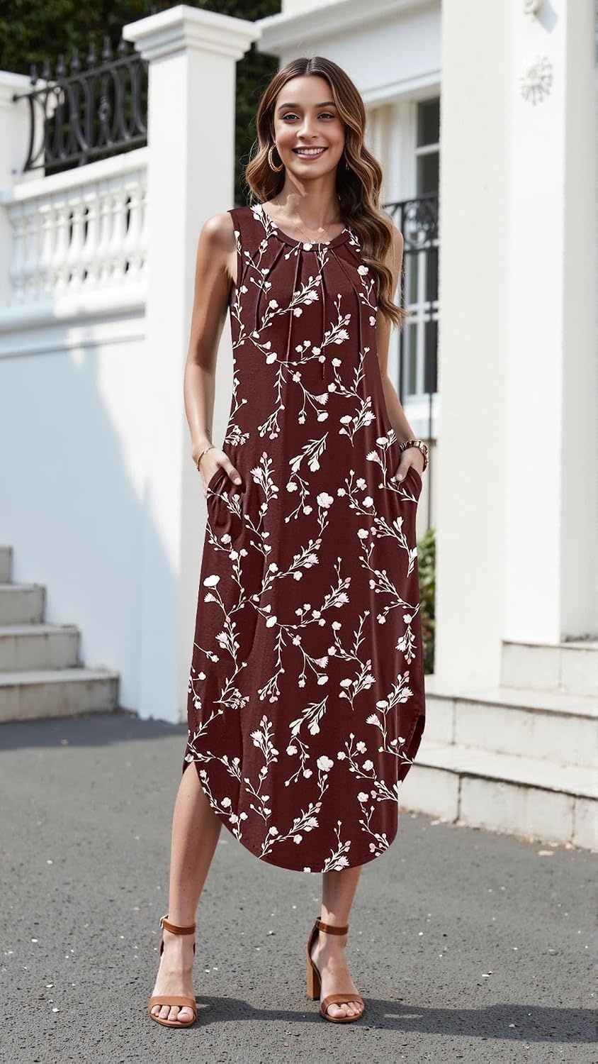 image:imageZeagoo Women Floral Summer Casual Beach Printed Tank Dress with Pockets Pleated Front Long Dress2603 Brown Floral