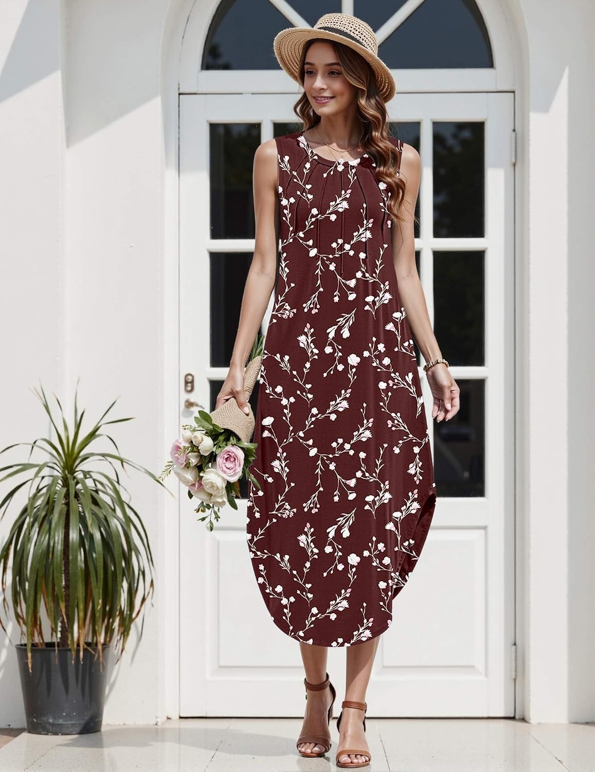image:imageZeagoo Women Floral Summer Casual Beach Printed Tank Dress with Pockets Pleated Front Long Dress2603 Brown Floral
