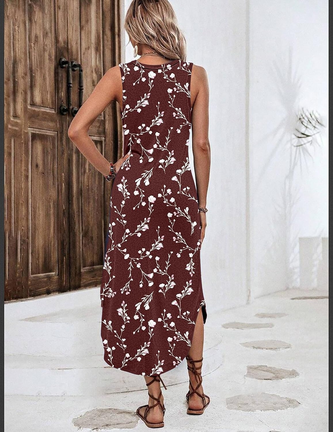 image:imageZeagoo Women Floral Summer Casual Beach Printed Tank Dress with Pockets Pleated Front Long Dress2603 Brown Floral
