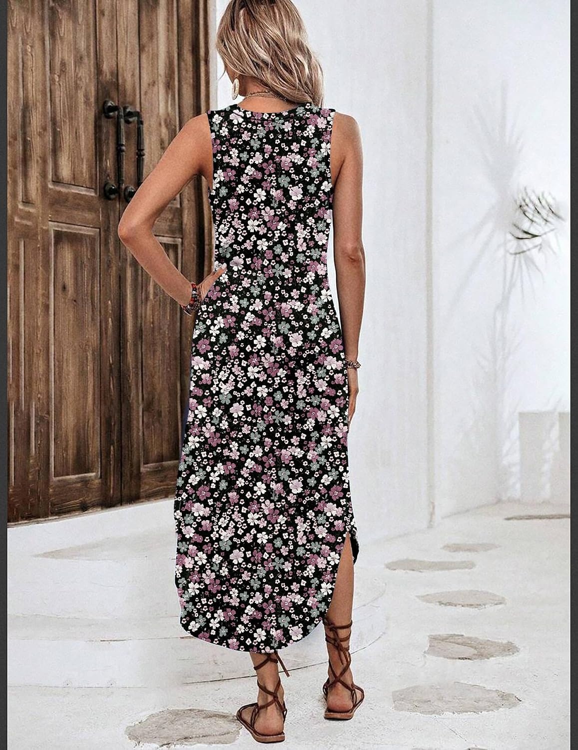 image:imageZeagoo Women Floral Summer Casual Beach Printed Tank Dress with Pockets Pleated Front Long Dress2603 Mixed Floral