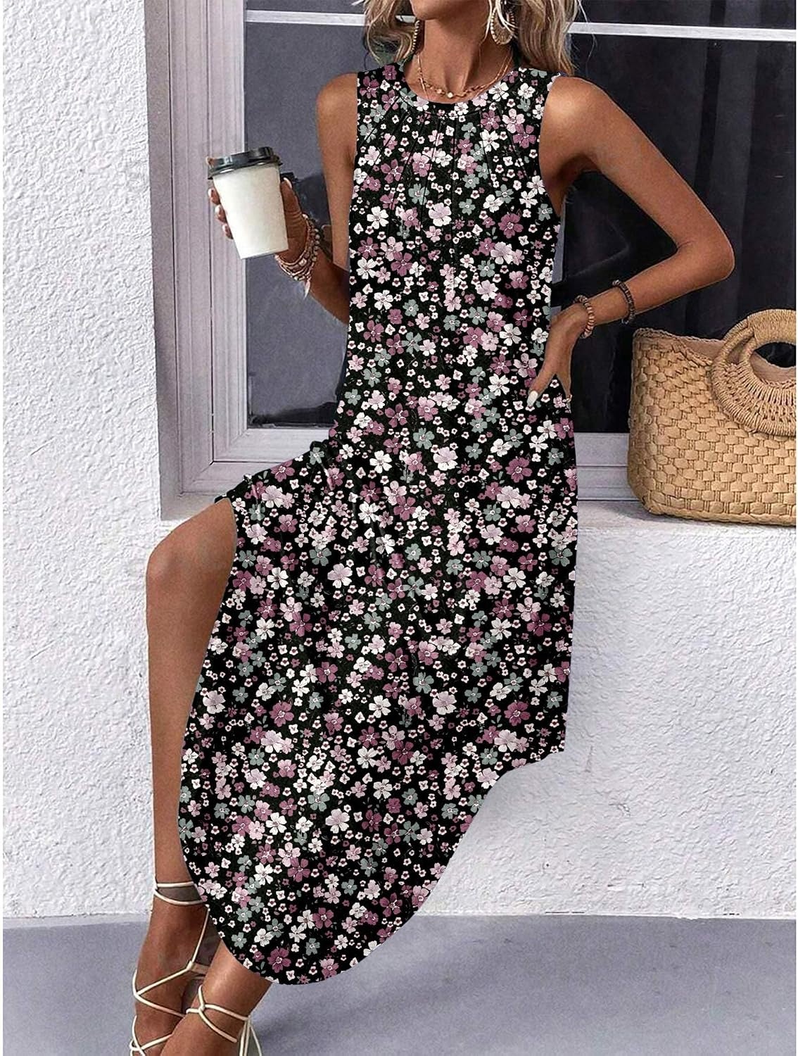 image:imageZeagoo Women Floral Summer Casual Beach Printed Tank Dress with Pockets Pleated Front Long Dress2603 Mixed Floral