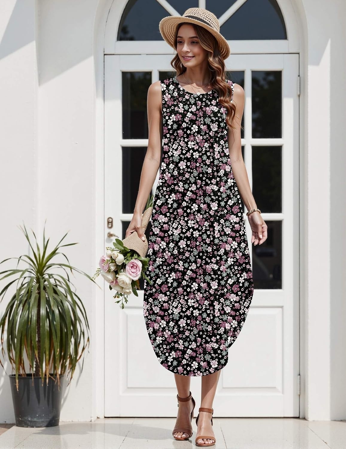 image:imageZeagoo Women Floral Summer Casual Beach Printed Tank Dress with Pockets Pleated Front Long Dress2603 Mixed Floral
