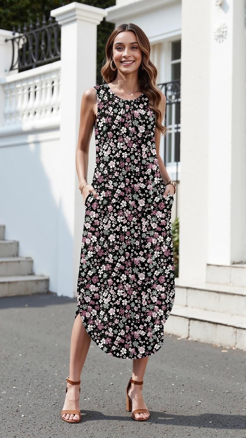 image:imageZeagoo Women Floral Summer Casual Beach Printed Tank Dress with Pockets Pleated Front Long Dress2603 Mixed Floral