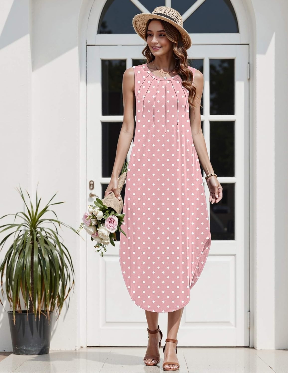 image:imageZeagoo Women Floral Summer Casual Beach Printed Tank Dress with Pockets Pleated Front Long Dress2603 Pink Dot