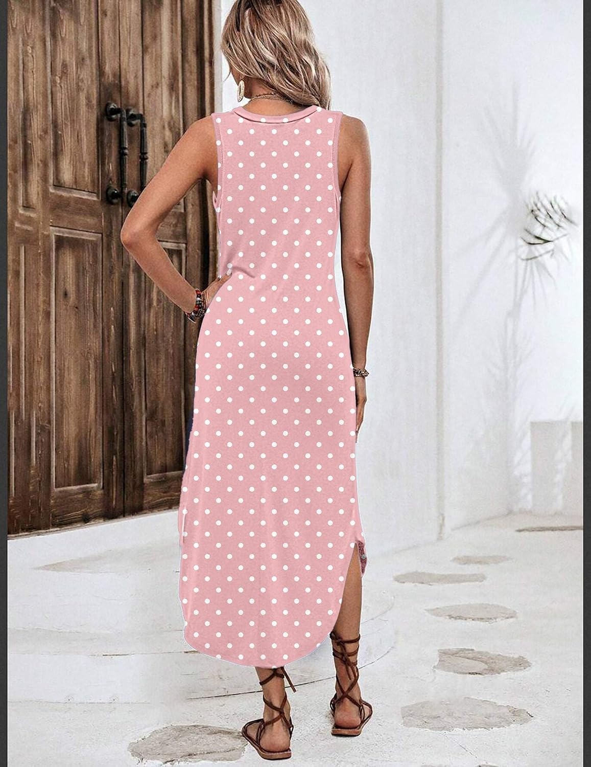 image:imageZeagoo Women Floral Summer Casual Beach Printed Tank Dress with Pockets Pleated Front Long Dress2603 Pink Dot