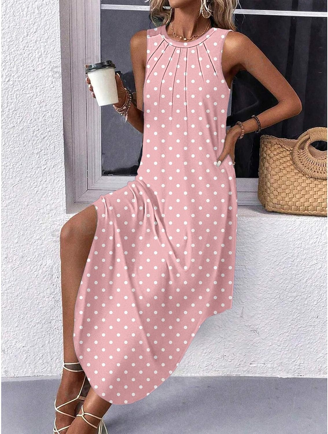 image:imageZeagoo Women Floral Summer Casual Beach Printed Tank Dress with Pockets Pleated Front Long Dress2603 Pink Dot