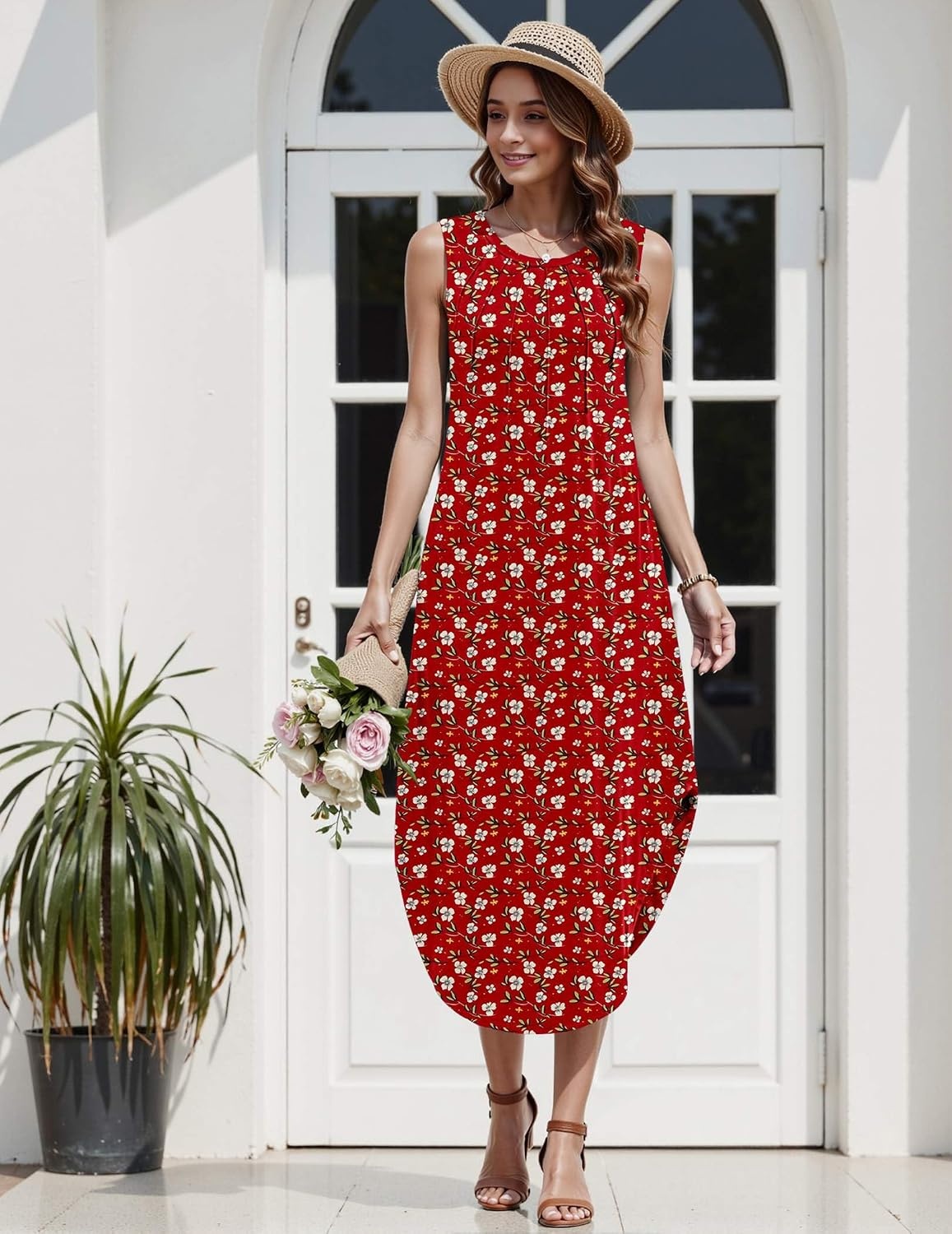 image:imageZeagoo Women Floral Summer Casual Beach Printed Tank Dress with Pockets Pleated Front Long Dress2603 Red Floral