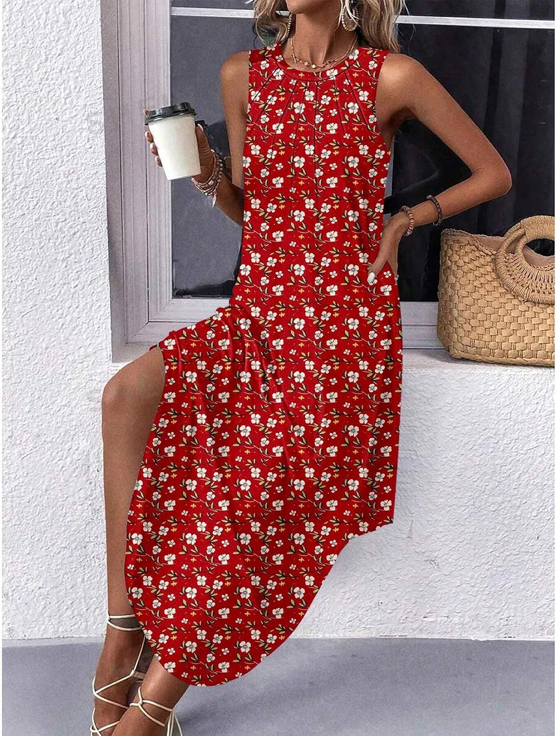 image:imageZeagoo Women Floral Summer Casual Beach Printed Tank Dress with Pockets Pleated Front Long Dress2603 Red Floral
