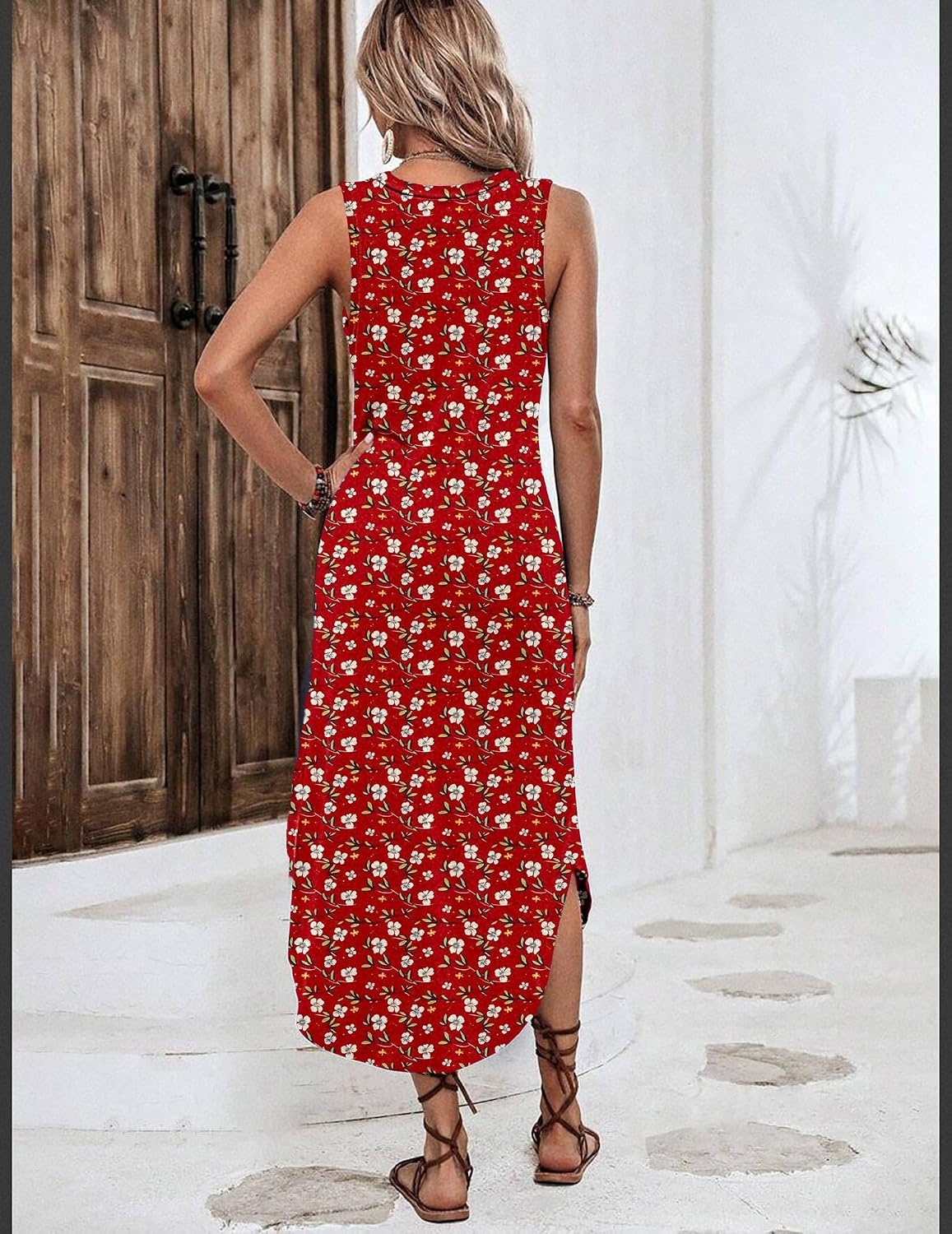 image:imageZeagoo Women Floral Summer Casual Beach Printed Tank Dress with Pockets Pleated Front Long Dress2603 Red Floral