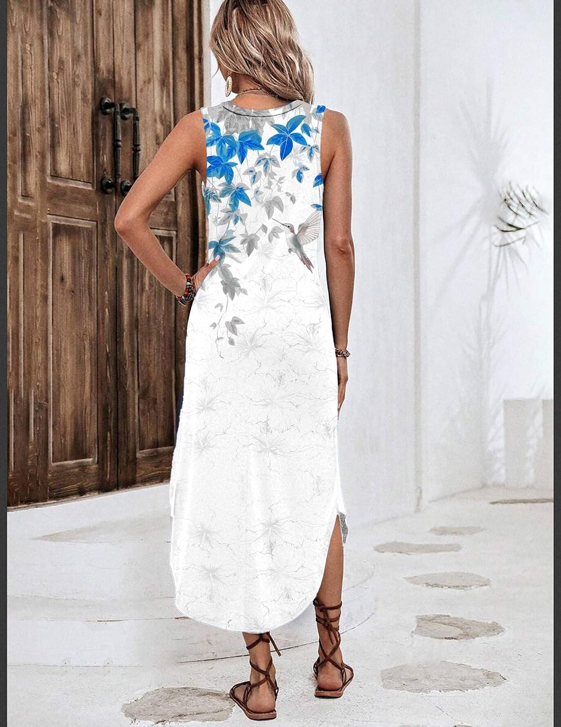 image:imageZeagoo Women Floral Summer Casual Beach Printed Tank Dress with Pockets Pleated Front Long Dress2603 White Floral