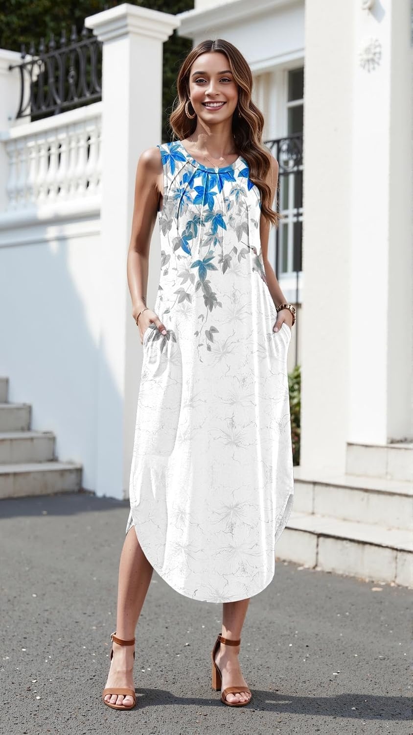 image:imageZeagoo Women Floral Summer Casual Beach Printed Tank Dress with Pockets Pleated Front Long Dress2603 White Floral