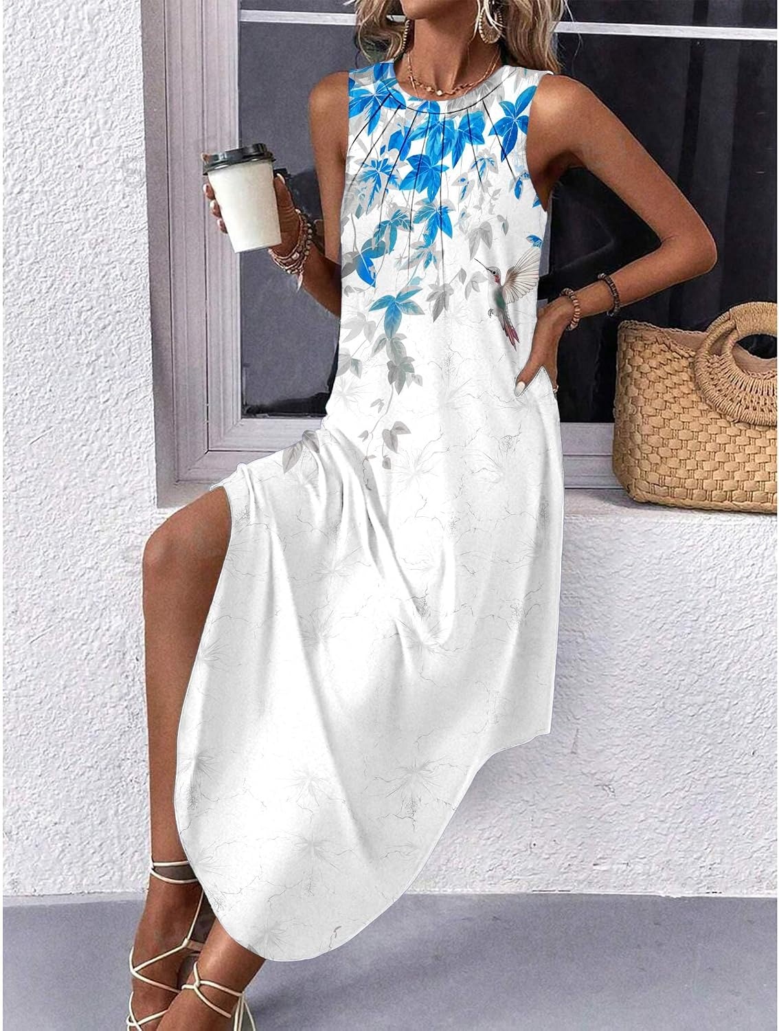 image:imageZeagoo Women Floral Summer Casual Beach Printed Tank Dress with Pockets Pleated Front Long Dress2603 White Floral