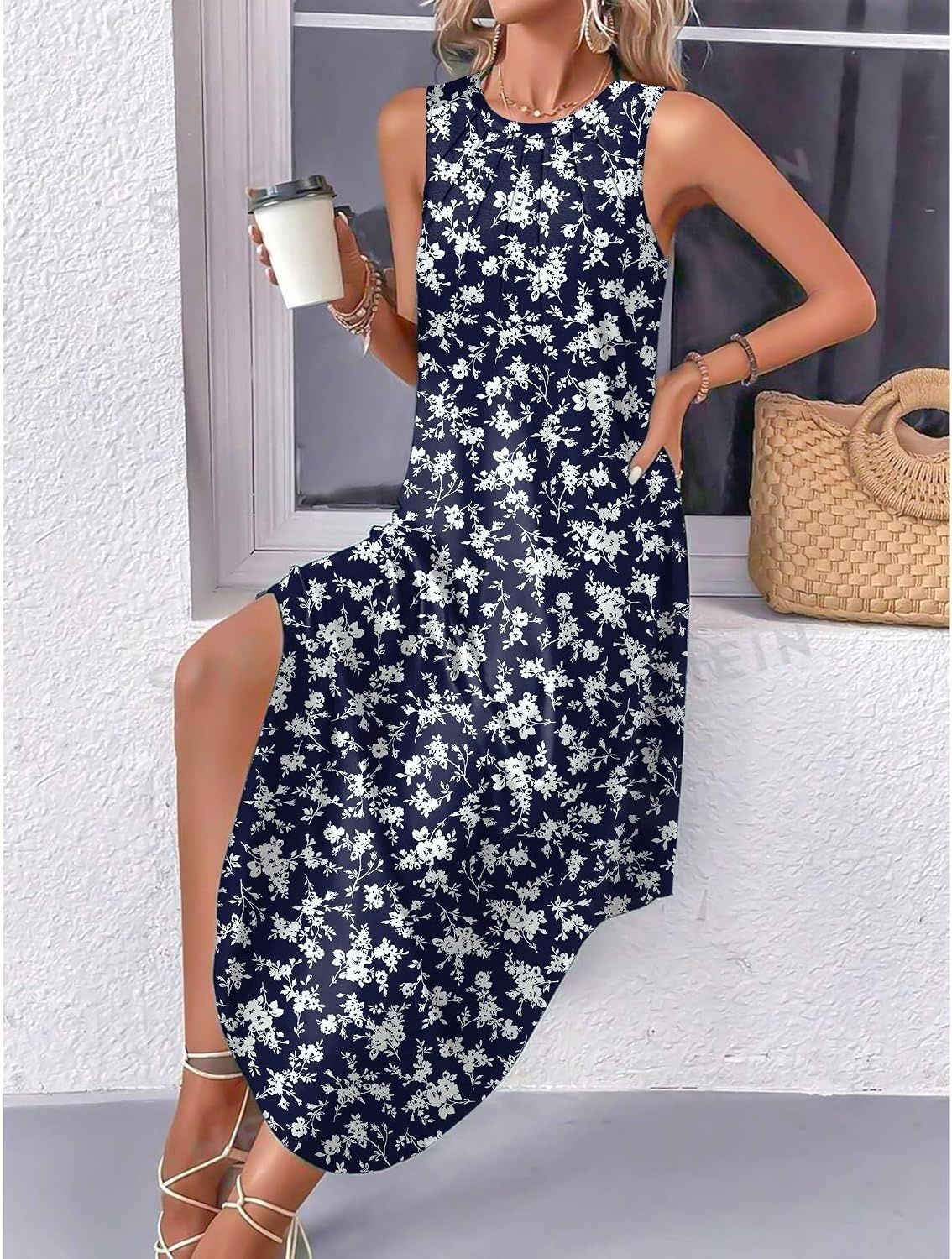 image:imageZeagoo Women Floral Summer Casual Beach Printed Tank Dress with Pockets Pleated Front Long Dress2604 Navy Flower