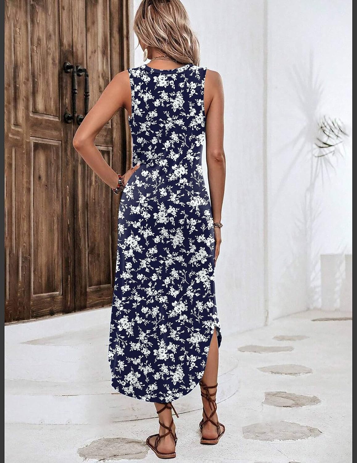 image:imageZeagoo Women Floral Summer Casual Beach Printed Tank Dress with Pockets Pleated Front Long Dress2604 Navy Flower