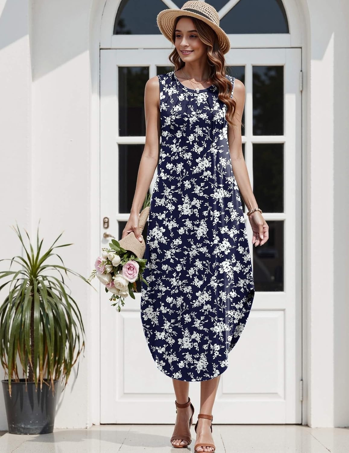 image:imageZeagoo Women Floral Summer Casual Beach Printed Tank Dress with Pockets Pleated Front Long Dress2604 Navy Flower