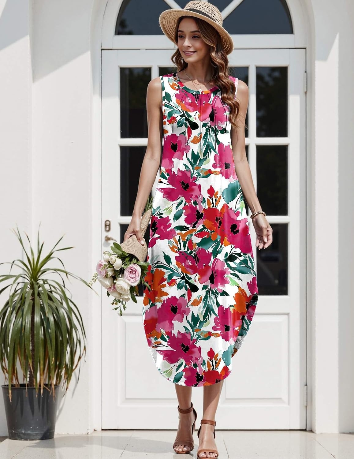 image:imageZeagoo Women Floral Summer Casual Beach Printed Tank Dress with Pockets Pleated Front Long Dress2604 Red Flower