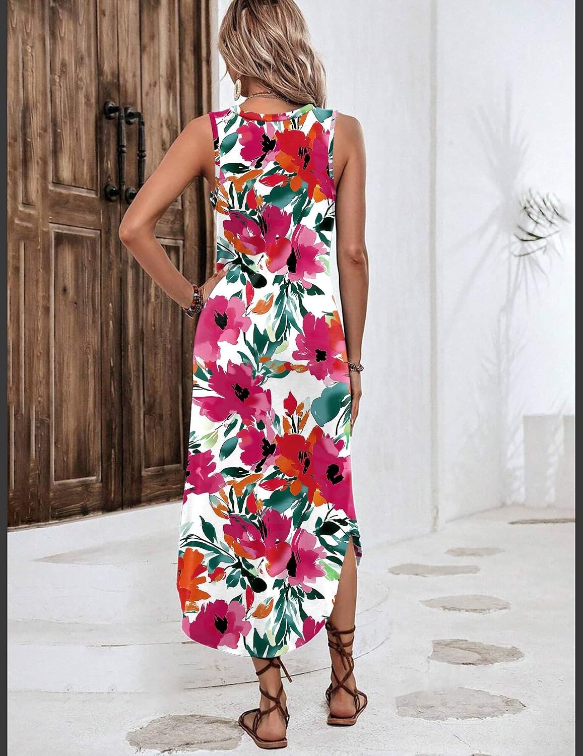 image:imageZeagoo Women Floral Summer Casual Beach Printed Tank Dress with Pockets Pleated Front Long Dress2604 Red Flower
