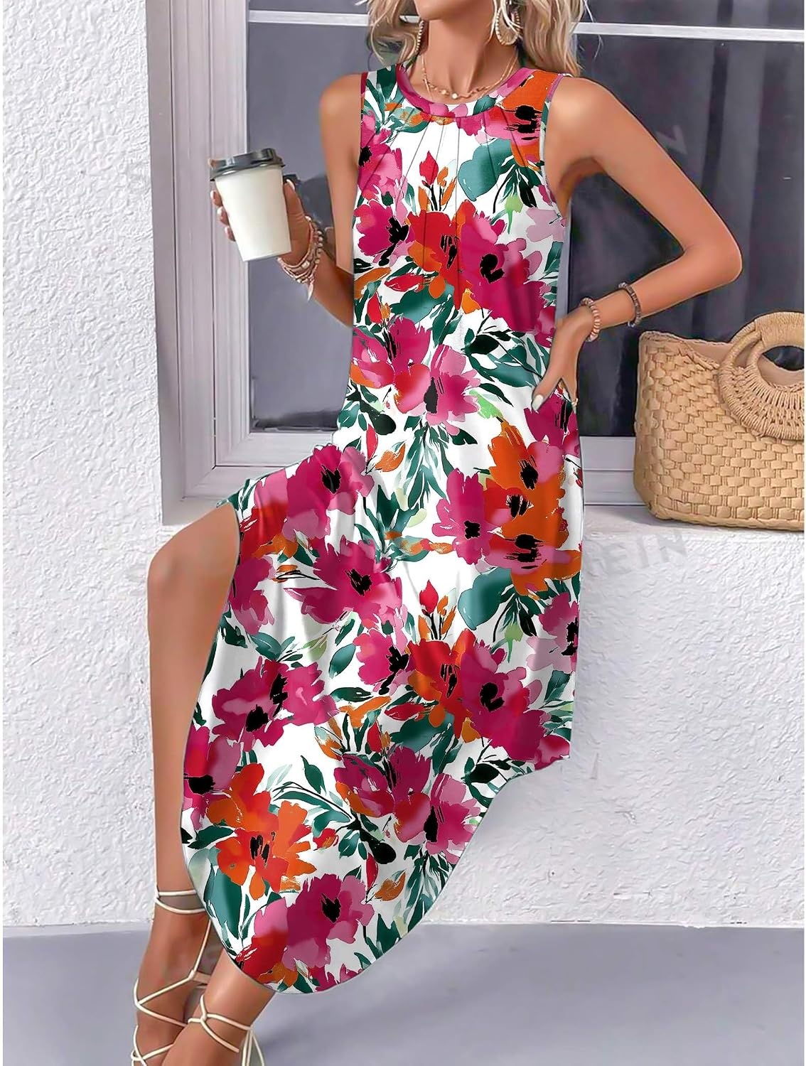 image:imageZeagoo Women Floral Summer Casual Beach Printed Tank Dress with Pockets Pleated Front Long Dress2604 Red Flower