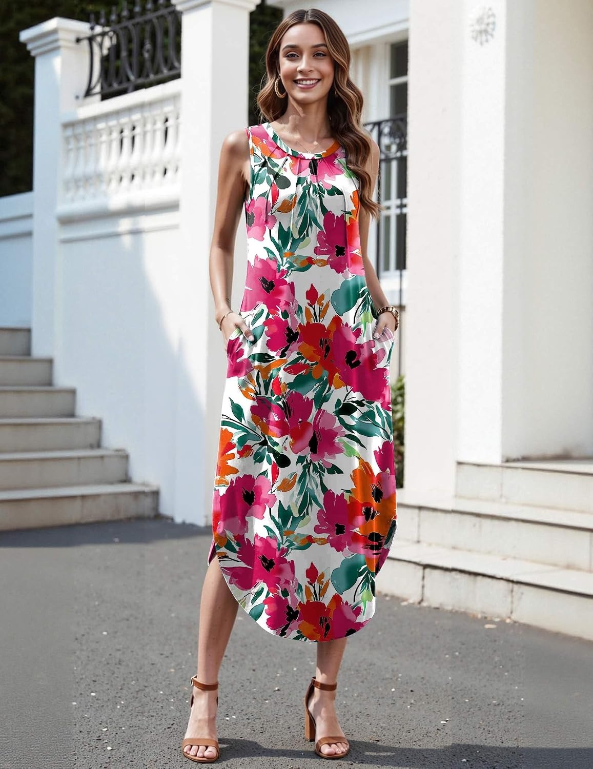 image:imageZeagoo Women Floral Summer Casual Beach Printed Tank Dress with Pockets Pleated Front Long Dress2604 Red Flower