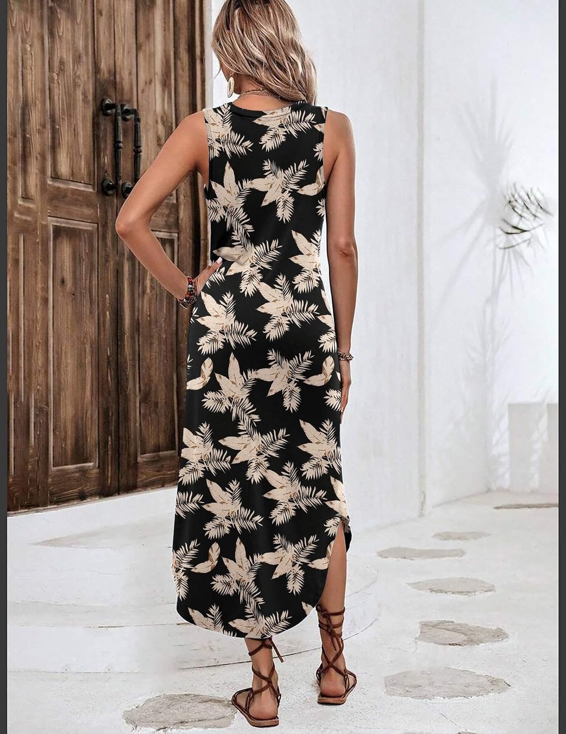 image:imageZeagoo Women Floral Summer Casual Beach Printed Tank Dress with Pockets Pleated Front Long DressBlack Print