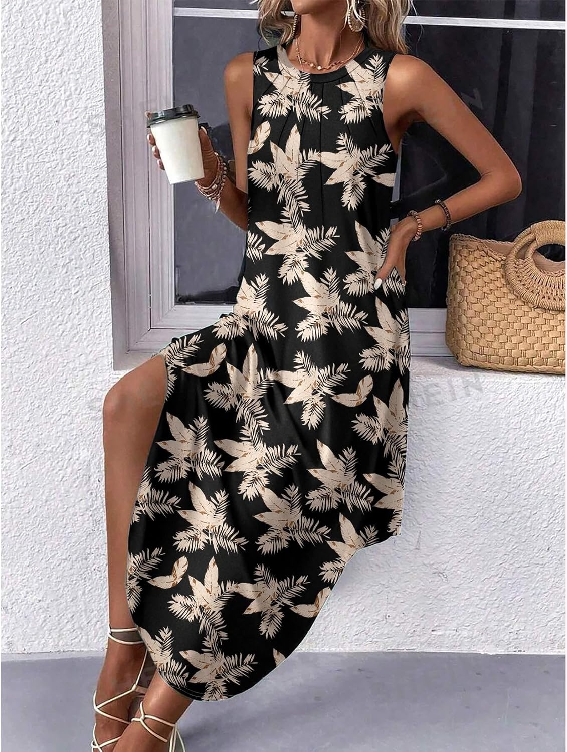 image:imageZeagoo Women Floral Summer Casual Beach Printed Tank Dress with Pockets Pleated Front Long DressBlack Print