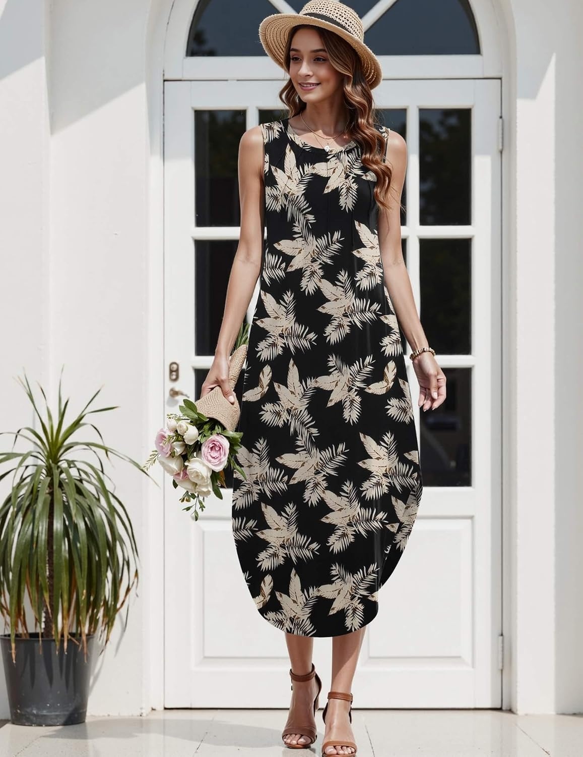 image:imageZeagoo Women Floral Summer Casual Beach Printed Tank Dress with Pockets Pleated Front Long DressBlack Print