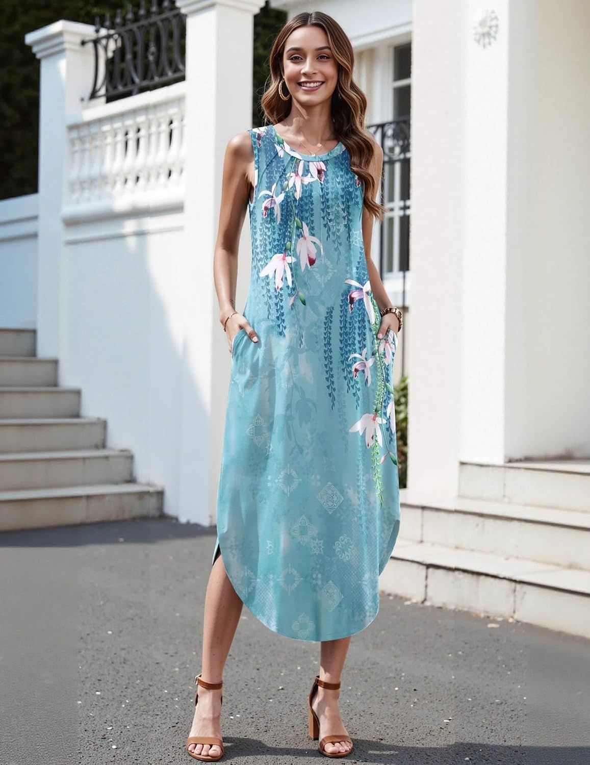 image:imageZeagoo Women Floral Summer Casual Beach Printed Tank Dress with Pockets Pleated Front Long DressBlue Flower