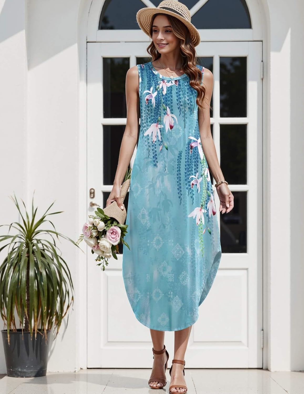 image:imageZeagoo Women Floral Summer Casual Beach Printed Tank Dress with Pockets Pleated Front Long DressBlue Flower