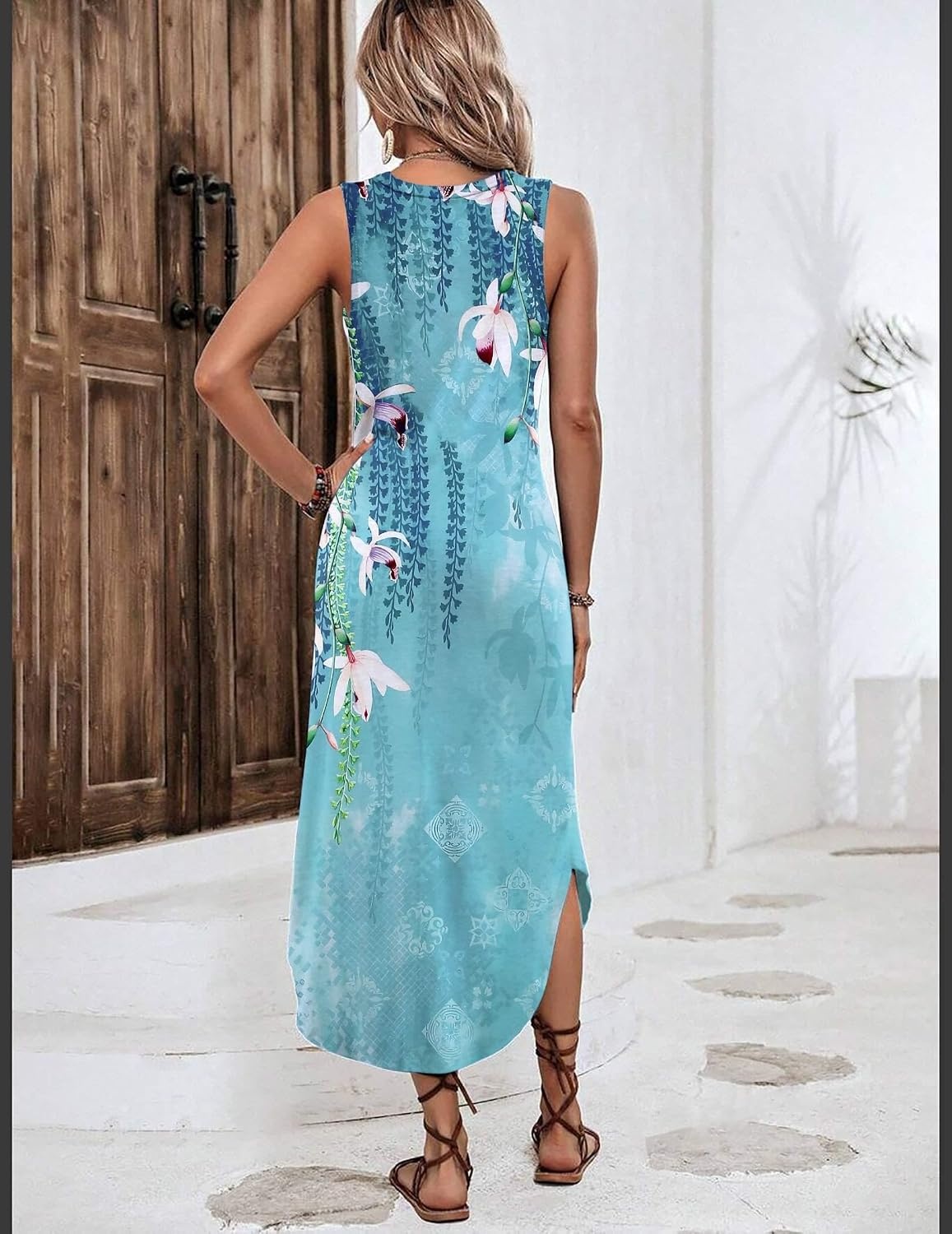 image:imageZeagoo Women Floral Summer Casual Beach Printed Tank Dress with Pockets Pleated Front Long DressBlue Flower