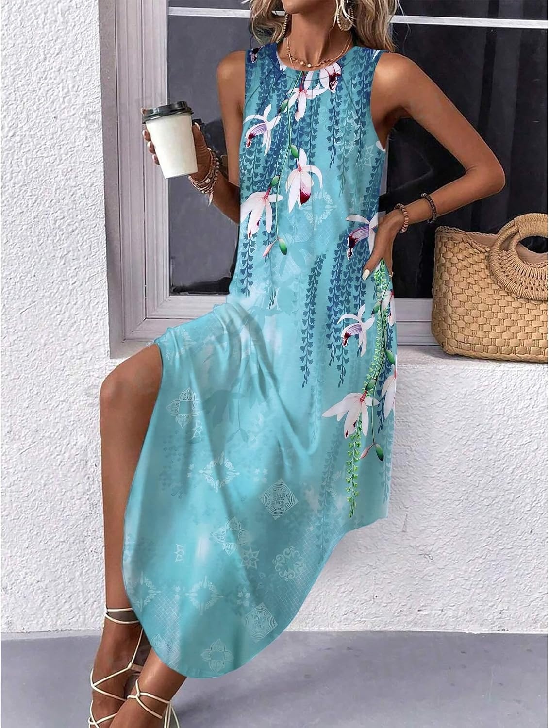image:imageZeagoo Women Floral Summer Casual Beach Printed Tank Dress with Pockets Pleated Front Long DressBlue Flower