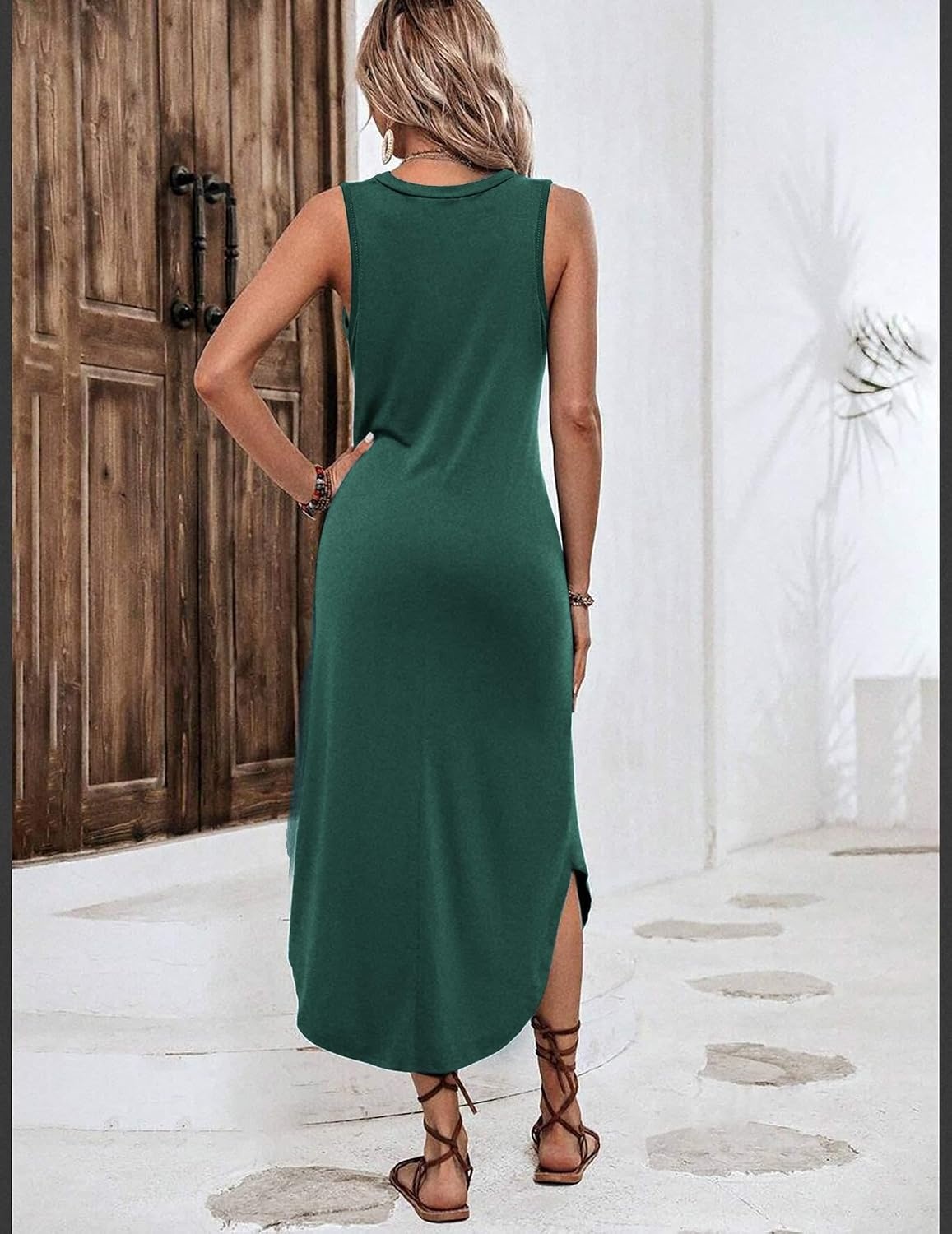 image:imageZeagoo Women Floral Summer Casual Beach Printed Tank Dress with Pockets Pleated Front Long DressDeep Green
