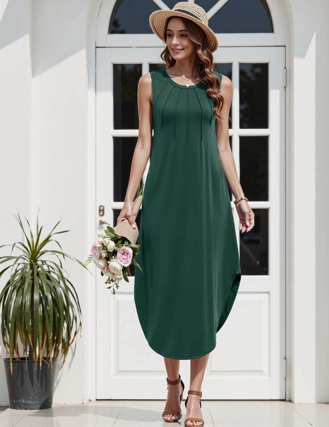 image:imageZeagoo Women Floral Summer Casual Beach Printed Tank Dress with Pockets Pleated Front Long DressDeep Green
