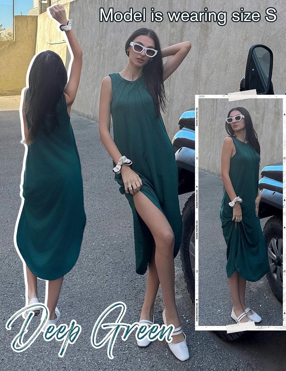 image:imageZeagoo Women Floral Summer Casual Beach Printed Tank Dress with Pockets Pleated Front Long DressDeep Green