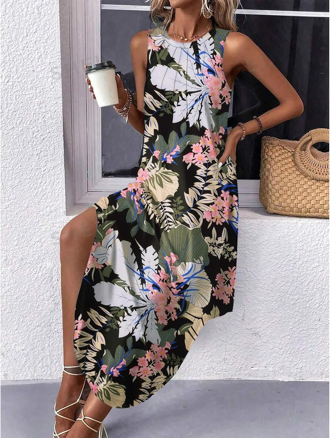image:imageZeagoo Women Floral Summer Casual Beach Printed Tank Dress with Pockets Pleated Front Long DressFloral Leaf Black