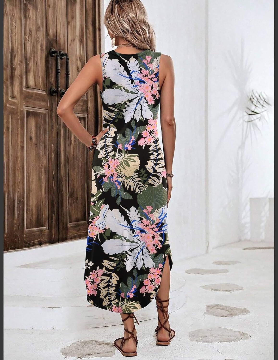 image:imageZeagoo Women Floral Summer Casual Beach Printed Tank Dress with Pockets Pleated Front Long DressFloral Leaf Black