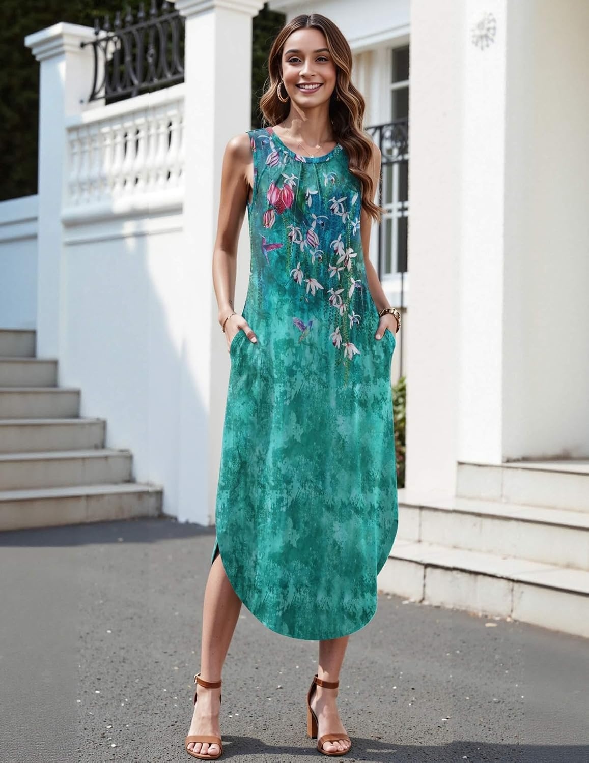 image:imageZeagoo Women Floral Summer Casual Beach Printed Tank Dress with Pockets Pleated Front Long DressGreen Flower