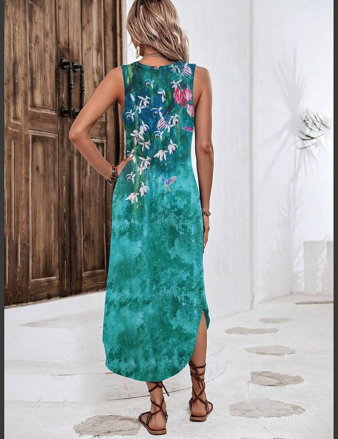 image:imageZeagoo Women Floral Summer Casual Beach Printed Tank Dress with Pockets Pleated Front Long DressGreen Flower