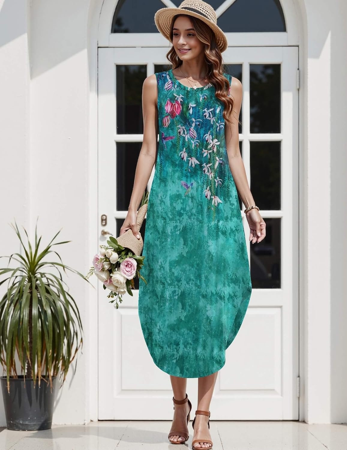 image:imageZeagoo Women Floral Summer Casual Beach Printed Tank Dress with Pockets Pleated Front Long DressGreen Flower