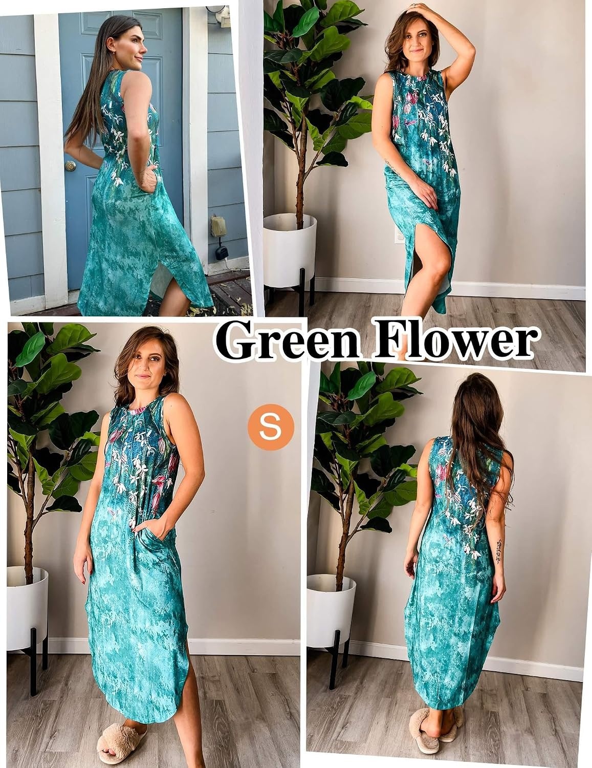 image:imageZeagoo Women Floral Summer Casual Beach Printed Tank Dress with Pockets Pleated Front Long DressGreen Flower