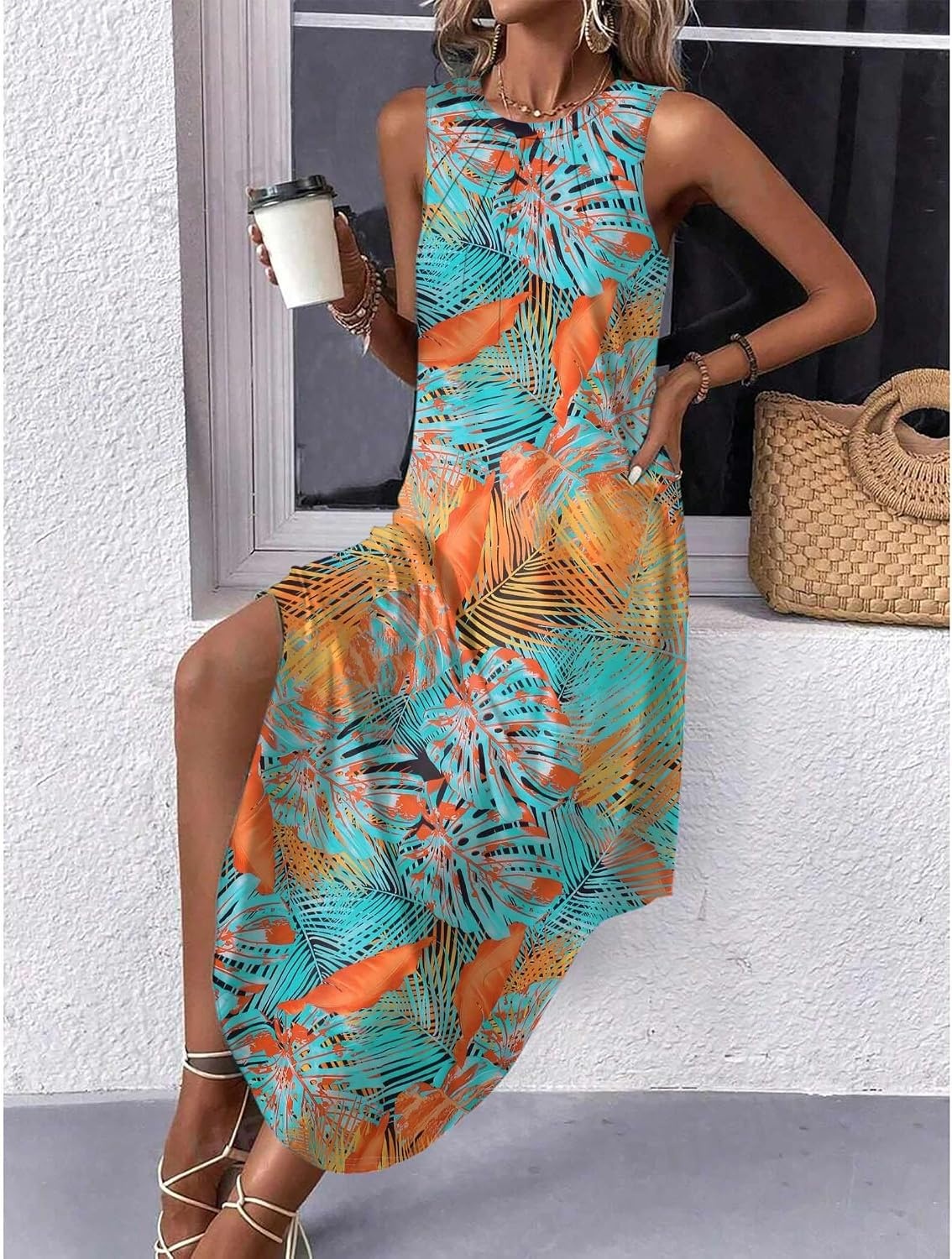 image:imageZeagoo Women Floral Summer Casual Beach Printed Tank Dress with Pockets Pleated Front Long DressLeaf Print
