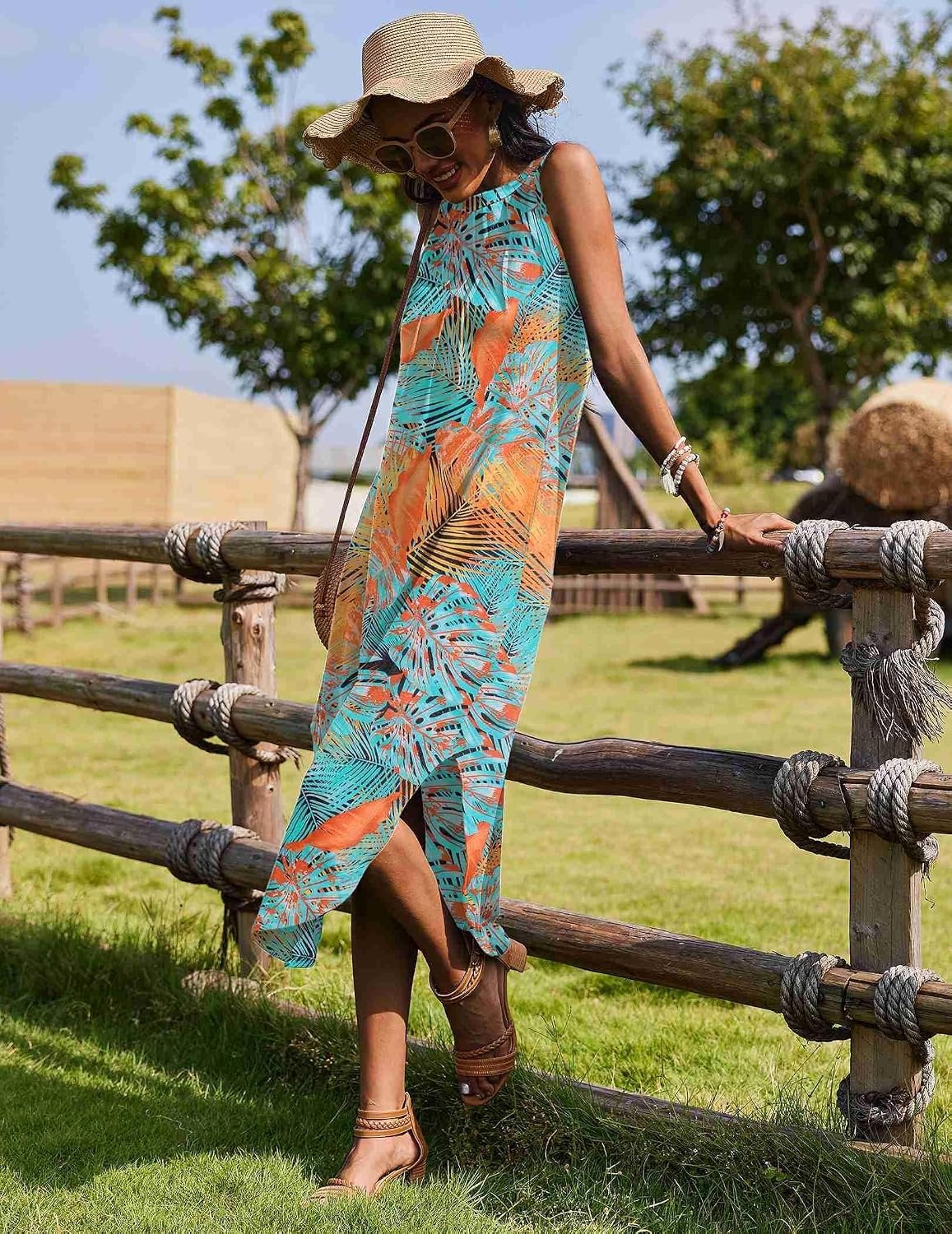image:imageZeagoo Women Floral Summer Casual Beach Printed Tank Dress with Pockets Pleated Front Long DressLeaf Print