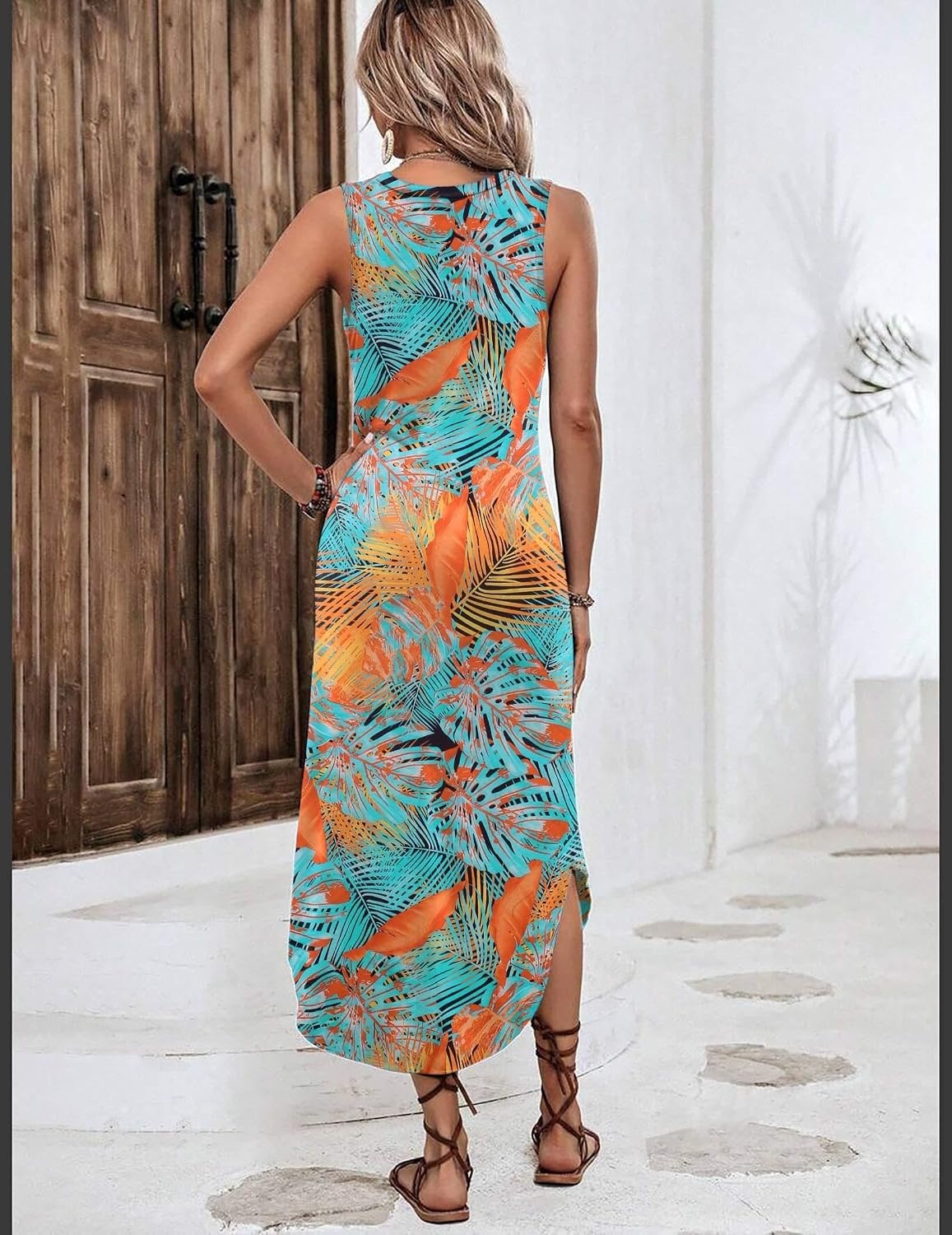 image:imageZeagoo Women Floral Summer Casual Beach Printed Tank Dress with Pockets Pleated Front Long DressLeaf Print