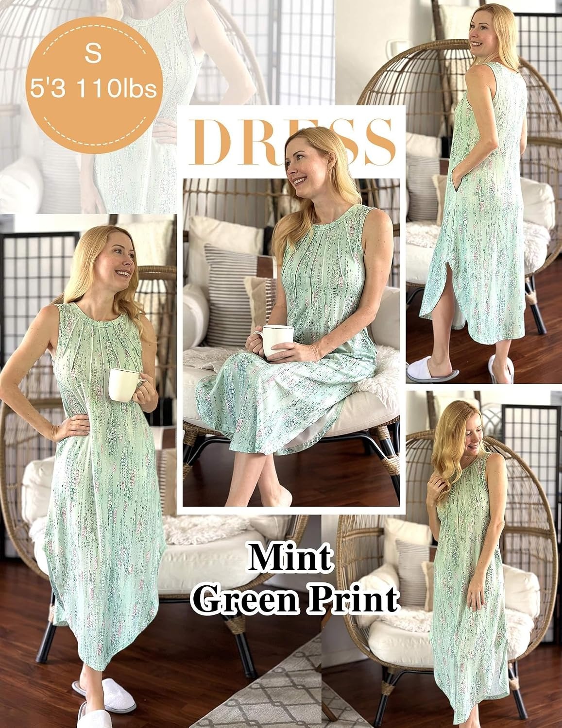 image:imageZeagoo Women Floral Summer Casual Beach Printed Tank Dress with Pockets Pleated Front Long DressMint Green Print