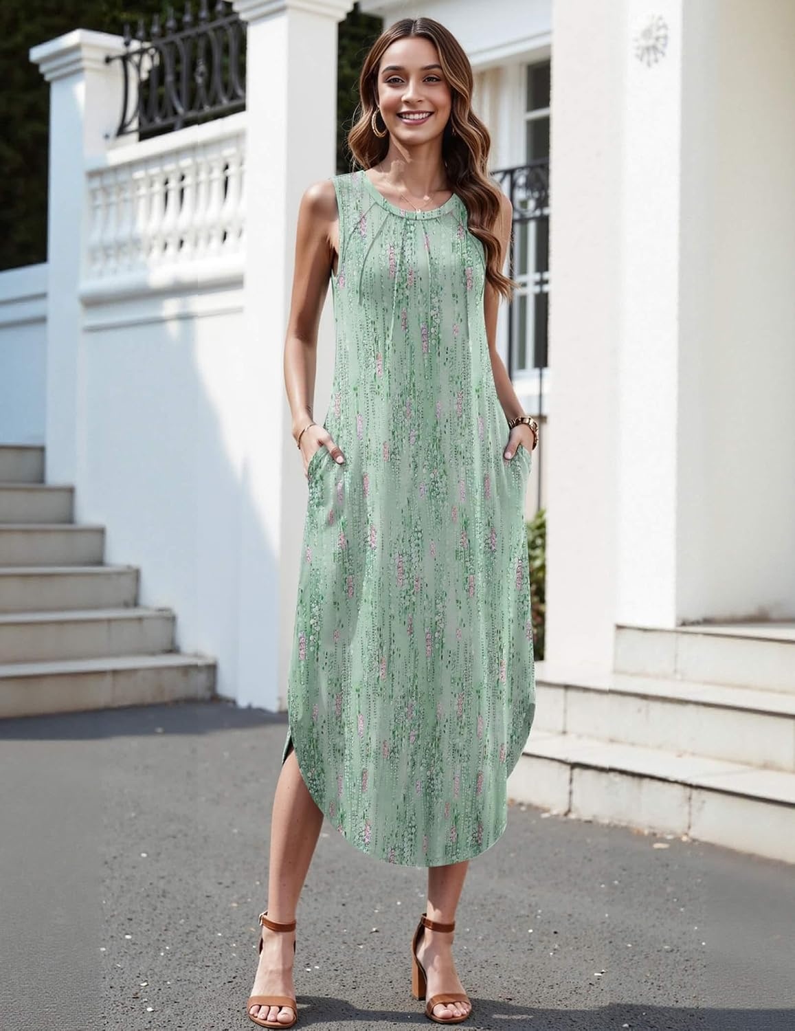 image:imageZeagoo Women Floral Summer Casual Beach Printed Tank Dress with Pockets Pleated Front Long DressMint Green Print