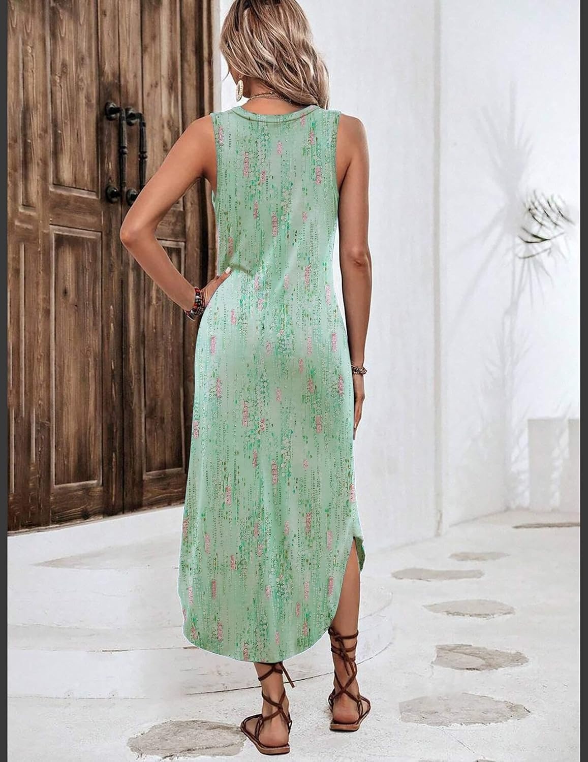image:imageZeagoo Women Floral Summer Casual Beach Printed Tank Dress with Pockets Pleated Front Long DressMint Green Print
