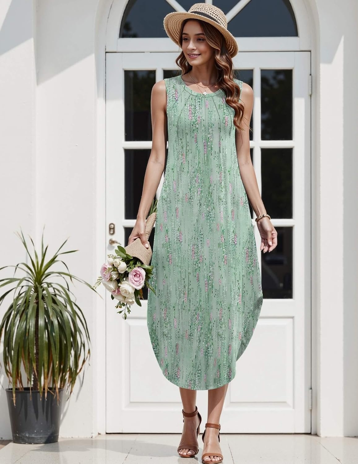image:imageZeagoo Women Floral Summer Casual Beach Printed Tank Dress with Pockets Pleated Front Long DressMint Green Print