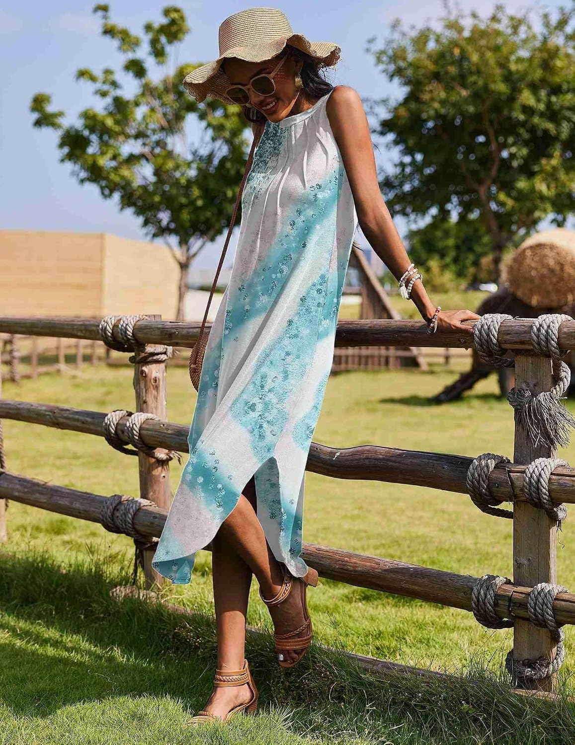 image:imageZeagoo Women Floral Summer Casual Beach Printed Tank Dress with Pockets Pleated Front Long DressMix Blue White